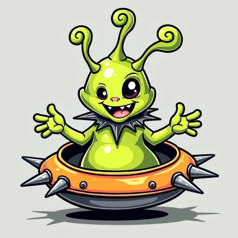 Cheerful Alien in Spiked Spaceship - /imagine prompt:Detailed line art illustration A cartoonish, bright green alien creature, positioned centrally in the image. The creature has a bulbous, teardrop shape body, and one large, expressive eye in the middle of its forehead Three oddly shaped fleshy appendages stick straight out from the top of its headi. It is wearing a gothic collar with enormous metal spikes sticking out of it. The creature has a cheerful, grinning expression, with visible, cartoonish teeth.  Its arms, also brightly coloured, are outstretched in a welcoming gesture. The creature is sitting in a brightly coloured spaceship with metal spikes sticking out from the sides. The background is a plain, light gray. The style is vibrant, playful, and exaggerated, with bold outlines and bright colors. The lighting is even, casting no significant shadows. The creature's pose is friendly and inviting. The overall impression is of a friendly, cartoon alien character. - AI image generated with Photorealistic 2