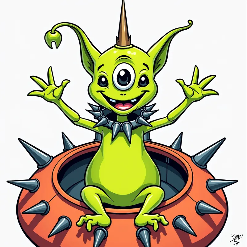 Cheerful Alien in Spiked Spaceship - /imagine prompt:Detailed line art illustration A cartoonish, bright green alien creature, positioned centrally in the image. The creature has a bulbous, teardrop shape body, and one large, expressive eye in the middle of its forehead Three oddly shaped fleshy appendages stick straight out from the top of its headi. It is wearing a gothic collar with enormous metal spikes sticking out of it. The creature has a cheerful, grinning expression, with visible, cartoonish teeth.  Its arms, also brightly coloured, are outstretched in a welcoming gesture. The creature is sitting in a brightly coloured spaceship with metal spikes sticking out from the sides. The background is a plain, light gray. The style is vibrant, playful, and exaggerated, with bold outlines and bright colors. The lighting is even, casting no significant shadows. The creature's pose is friendly and inviting. The overall impression is of a friendly, cartoon alien character. - AI image generated with Photorealistic 2