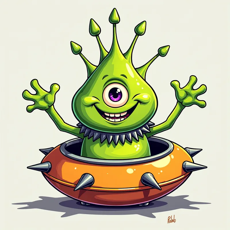 Cheerful Alien in Spiked Spaceship - /imagine prompt:Detailed line art illustration A cartoonish, bright green alien creature, positioned centrally in the image. The creature has a bulbous, teardrop shape body, and one large, expressive eye in the middle of its forehead Three oddly shaped fleshy appendages stick straight out from the top of its headi. It is wearing a gothic collar with enormous metal spikes sticking out of it. The creature has a cheerful, grinning expression, with visible, cartoonish teeth.  Its arms, also brightly coloured, are outstretched in a welcoming gesture. The creature is sitting in a brightly coloured spaceship with metal spikes sticking out from the sides. The background is a plain, light gray. The style is vibrant, playful, and exaggerated, with bold outlines and bright colors. The lighting is even, casting no significant shadows. The creature's pose is friendly and inviting. The overall impression is of a friendly, cartoon alien character. - AI image generated with Photorealistic 2
