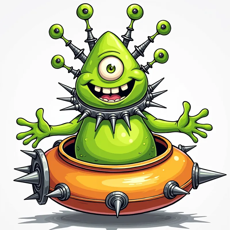 Cheerful Alien in Spiked Spaceship - /imagine prompt:Detailed line art illustration A cartoonish, bright green alien creature, positioned centrally in the image. The creature has a bulbous, teardrop shape body, and one large, expressive eye in the middle of its forehead Three oddly shaped fleshy appendages stick straight out from the top of its headi. It is wearing a gothic collar with enormous metal spikes sticking out of it. The creature has a cheerful, grinning expression, with visible, cartoonish teeth.  Its arms, also brightly coloured, are outstretched in a welcoming gesture. The creature is sitting in a brightly coloured spaceship with metal spikes sticking out from the sides. The background is a plain, light gray. The style is vibrant, playful, and exaggerated, with bold outlines and bright colors. The lighting is even, casting no significant shadows. The creature's pose is friendly and inviting. The overall impression is of a friendly, cartoon alien character. - AI image generated with Photorealistic 2