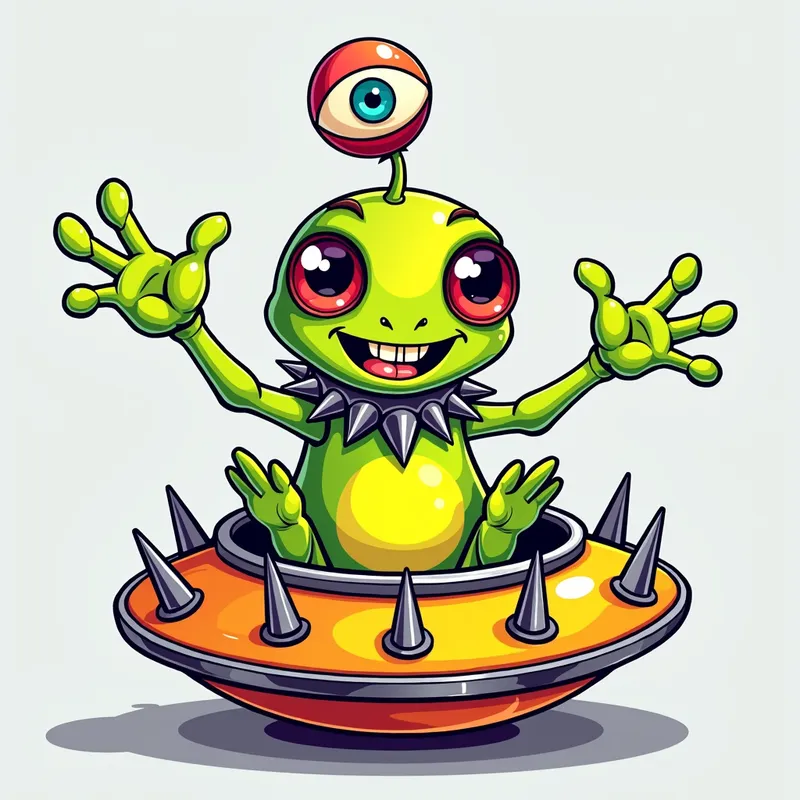 Cheerful Alien in Spiked Spaceship - Detailed line art illustration A cartoonish, brightly coloured alien creature, positioned centrally in the image. The creature has a bulbous, teardrop shape body, and three large, expressive eyes.  a hand grows out from the top of its head with a eyeball sitting in the palm. It is wearing a gothic collar with enormous metal spikes sticking out of it. The creature has a cheerful, grinning expression, with visible, cartoonish teeth.  Its arms, also brightly coloured, are outstretched in a welcoming gesture. The creature is sitting in a brightly coloured spaceship with metal spikes sticking out from the sides. The background is a plain, light gray. The style is vibrant, playful, and exaggerated, with bold outlines and bright colors. The lighting is even, casting no significant shadows. The creature's pose is friendly and inviting. The overall impression is of a friendly, cartoon alien character. - AI image generated with Photorealistic 2