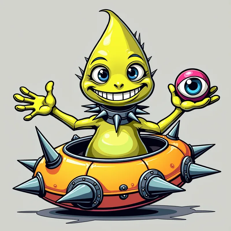 Cheerful Alien in Spiky Spaceship - Detailed line art illustration A cartoonish, brightly coloured alien creature, positioned centrally in the image. The creature has a bulbous, teardrop shape body, and three large, expressive eyes.  a hand extends from its head with a eyeball sitting in the palm. It is wearing a gothic collar with enormous metal spikes sticking out of it. The creature has a cheerful, grinning expression, with visible, cartoonish teeth.  Its arms, also brightly coloured, are outstretched in a welcoming gesture. The creature is sitting in a brightly coloured spaceship with metal spikes sticking out from the sides. The background is a plain, light gray. The style is vibrant, playful, and exaggerated, with bold outlines and bright colors. The lighting is even, casting no significant shadows. The creature's pose is friendly and inviting. The overall impression is of a friendly, cartoon alien character. - AI image generated with Photorealistic 2