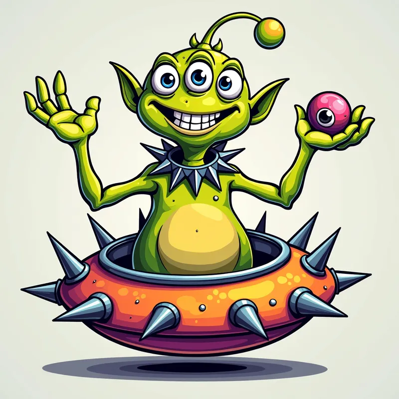 Cheerful Alien in Spiky Spaceship - Detailed line art illustration A cartoonish, brightly coloured alien creature, positioned centrally in the image. The creature has a bulbous, teardrop shape body, and three large, expressive eyes.  a hand extends from its head with a eyeball sitting in the palm. It is wearing a gothic collar with enormous metal spikes sticking out of it. The creature has a cheerful, grinning expression, with visible, cartoonish teeth.  Its arms, also brightly coloured, are outstretched in a welcoming gesture. The creature is sitting in a brightly coloured spaceship with metal spikes sticking out from the sides. The background is a plain, light gray. The style is vibrant, playful, and exaggerated, with bold outlines and bright colors. The lighting is even, casting no significant shadows. The creature's pose is friendly and inviting. The overall impression is of a friendly, cartoon alien character. - AI image generated with Photorealistic 2