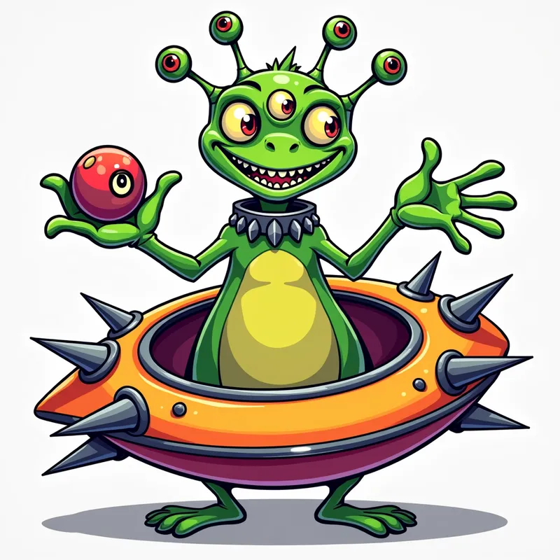 Cheerful Alien in Spiky Spaceship - Detailed line art illustration A cartoonish, brightly coloured alien creature, positioned centrally in the image. The creature has a bulbous, teardrop shape body, and three large, expressive eyes. a hand extends from its head with a eyeball sitting in the palm. It is wearing a gothic collar with enormous metal spikes sticking out of it. The creature has a cheerful, grinning expression, with visible, cartoonish teeth. Its arms, also brightly coloured, are outstretched in a welcoming gesture. The creature is sitting in a brightly coloured spaceship with metal spikes sticking out from the sides. The background is a plain, light gray. The style is vibrant, playful, and exaggerated, with bold outlines and bright colors. The lighting is even, casting no significant shadows. The creature's pose is friendly and inviting. The overall impression is of a friendly, cartoon alien character. - AI image generated with Photorealistic 2