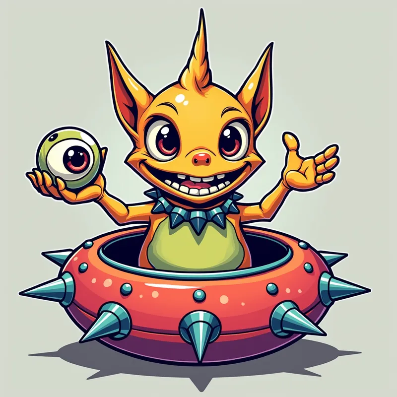 Cheerful Alien in Spiky Spaceship - Detailed line art illustration A cartoonish, brightly coloured alien creature, positioned centrally in the image. The creature has a bulbous, teardrop shape body, and three large, expressive eyes. a hand extends from its head with a eyeball sitting in the palm. It is wearing a gothic collar with enormous metal spikes sticking out of it. The creature has a cheerful, grinning expression, with visible, cartoonish teeth. Its arms, also brightly coloured, are outstretched in a welcoming gesture. The creature is sitting in a brightly coloured spaceship with metal spikes sticking out from the sides. The background is a plain, light gray. The style is vibrant, playful, and exaggerated, with bold outlines and bright colors. The lighting is even, casting no significant shadows. The creature's pose is friendly and inviting. The overall impression is of a friendly, cartoon alien character. - AI image generated with Photorealistic 2