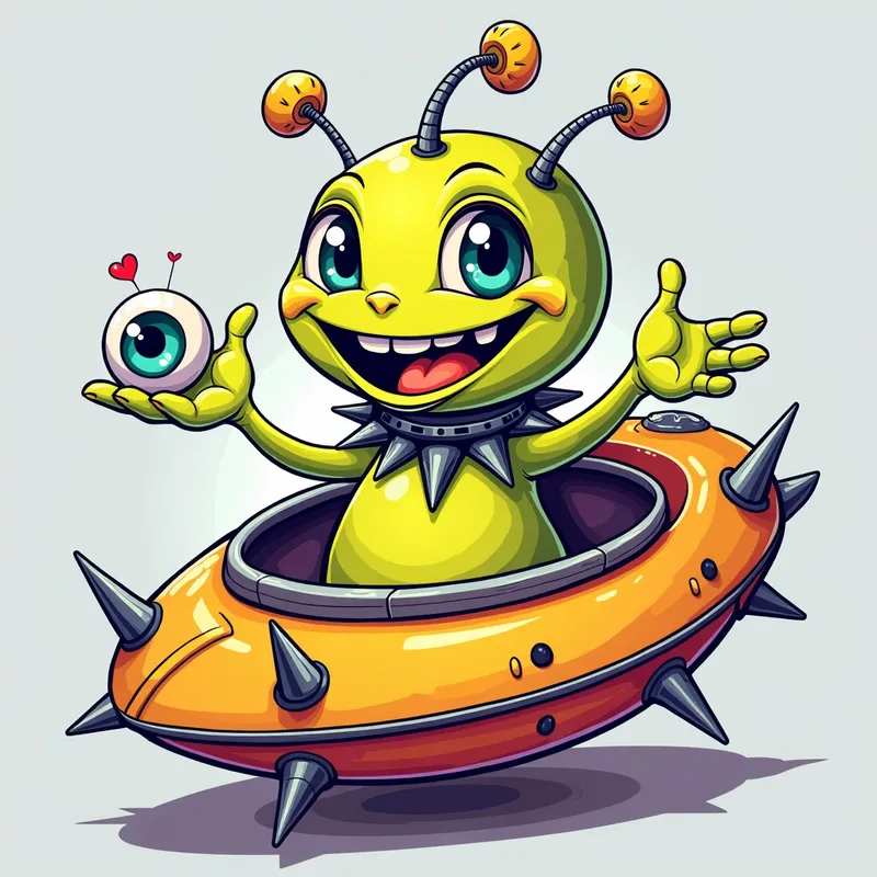 Cheerful Alien in Spiky Spaceship - Detailed line art illustration A cartoonish, brightly coloured alien creature, positioned centrally in the image. The creature has a bulbous, teardrop shape body, and three large, expressive eyes.  a hand extends from its head with a eyeball sitting in the palm. It is wearing a gothic collar with enormous metal spikes sticking out of it. The creature has a cheerful, grinning expression, with visible, cartoonish teeth.  Its arms, also brightly coloured, are outstretched in a welcoming gesture. The creature is sitting in a brightly coloured spaceship with metal spikes sticking out from the sides. The background is a plain, light gray. The style is vibrant, playful, and exaggerated, with bold outlines and bright colors. The lighting is even, casting no significant shadows. The creature's pose is friendly and inviting. The overall impression is of a friendly, cartoon alien character. - AI image generated with Photorealistic 2