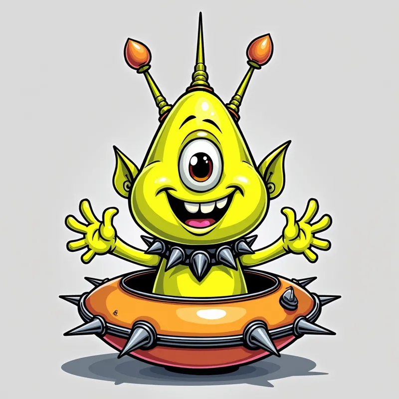 Cheerful Alien in Spiky Spaceship - Detailed line art illustration A cartoonish, fluorescent yellow alien creature, positioned centrally in the image. The creature has a bulbous, teardrop shape body, and one large, expressive eye in the middle of its forehead Three oddly shaped fleshy appendages stick straight out from the top of its headi. It is wearing a gothic collar with enormous metal spikes sticking out of it. The creature has a cheerful, grinning expression, with visible, cartoonish teeth. Its arms, also brightly coloured, are outstretched in a welcoming gesture. The creature is sitting in a brightly coloured spaceship with metal spikes sticking out from the sides. The background is a plain, light gray. The style is vibrant, playful, and exaggerated, with bold outlines and bright colors. The lighting is even, casting no significant shadows. The creature's pose is friendly and inviting. The overall impression is of a friendly, cartoon alien character. - AI image generated with Photorealistic 2