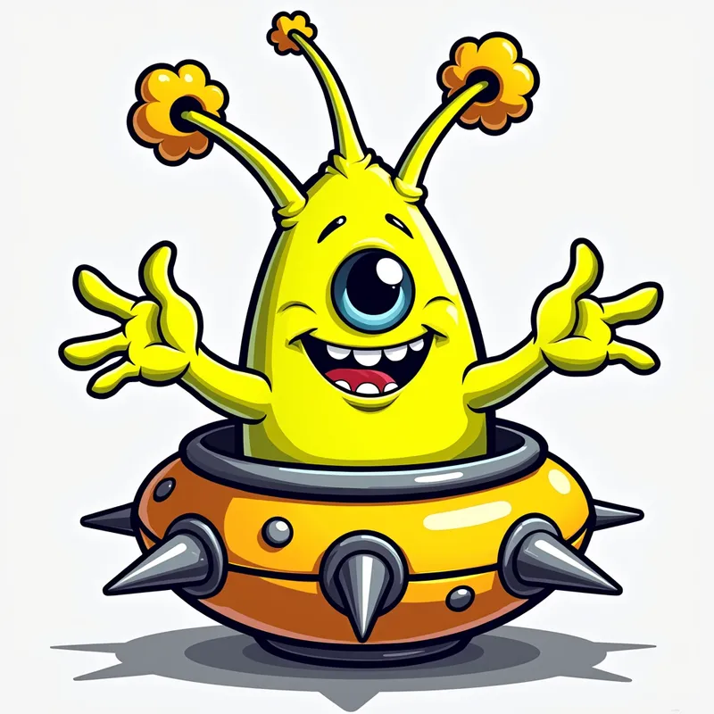 Cheerful Alien in Spiky Spaceship - Detailed line art illustration A cartoonish, fluorescent yellow alien creature, positioned centrally in the image. The creature has a bulbous, teardrop shape body, and one large, expressive eye in the middle of its forehead Three oddly shaped fleshy appendages stick straight out from the top of its headi. It is wearing a gothic collar with enormous metal spikes sticking out of it. The creature has a cheerful, grinning expression, with visible, cartoonish teeth. Its arms, also brightly coloured, are outstretched in a welcoming gesture. The creature is sitting in a brightly coloured spaceship with metal spikes sticking out from the sides. The background is a plain, light gray. The style is vibrant, playful, and exaggerated, with bold outlines and bright colors. The lighting is even, casting no significant shadows. The creature's pose is friendly and inviting. The overall impression is of a friendly, cartoon alien character. - AI image generated with Photorealistic 2