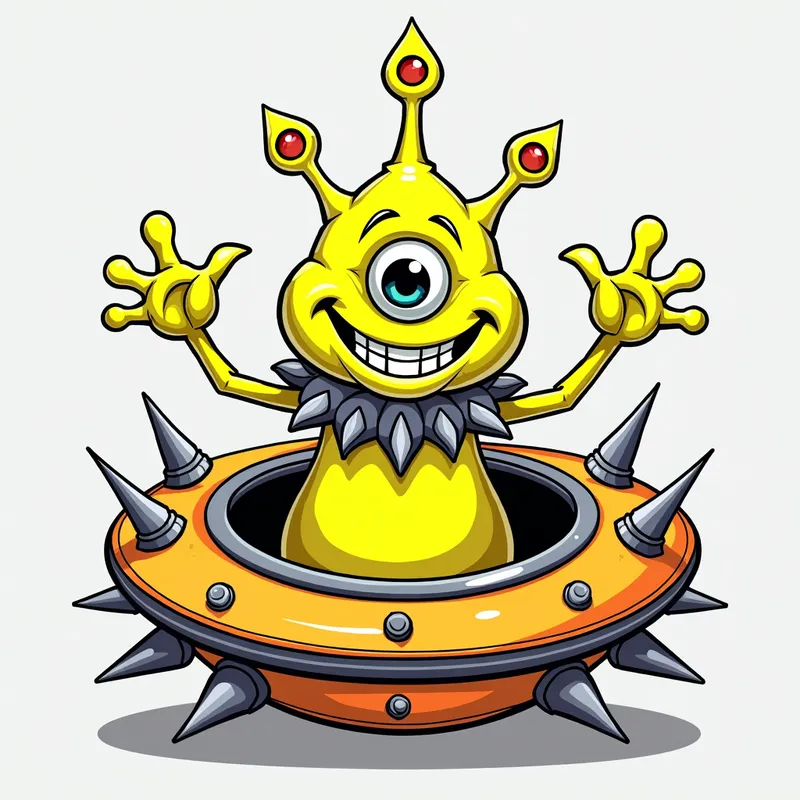 Cheerful Alien in Spiky Spaceship - Detailed line art illustration A cartoonish, fluorescent yellow alien creature, positioned centrally in the image. The creature has a bulbous, teardrop shape body, and one large, expressive eye in the middle of its forehead Three oddly shaped fleshy appendages stick straight out from the top of its headi. It is wearing a gothic collar with enormous metal spikes sticking out of it. The creature has a cheerful, grinning expression, with visible, cartoonish teeth. Its arms, also brightly coloured, are outstretched in a welcoming gesture. The creature is sitting in a brightly coloured spaceship with metal spikes sticking out from the sides. The background is a plain, light gray. The style is vibrant, playful, and exaggerated, with bold outlines and bright colors. The lighting is even, casting no significant shadows. The creature's pose is friendly and inviting. The overall impression is of a friendly, cartoon alien character. - AI image generated with Photorealistic 2