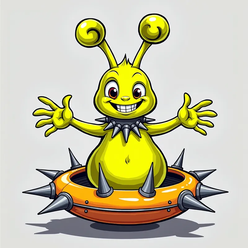 Cheerful Alien in Spiky Spaceship - Detailed line art illustration A cartoonish, fluorescent yellow alien creature, positioned centrally in the image. The creature has a bulbous, teardrop shape body, and one large, expressive eye in the middle of its forehead Three oddly shaped fleshy appendages stick straight out from the top of its headi. It is wearing a gothic collar with enormous metal spikes sticking out of it. The creature has a cheerful, grinning expression, with visible, cartoonish teeth.  Its arms, also brightly coloured, are outstretched in a welcoming gesture. The creature is sitting in a brightly coloured spaceship with metal spikes sticking out from the sides. The background is a plain, light gray. The style is vibrant, playful, and exaggerated, with bold outlines and bright colors. The lighting is even, casting no significant shadows. The creature's pose is friendly and inviting. The overall impression is of a friendly, cartoon alien character. - AI image generated with Photorealistic 2