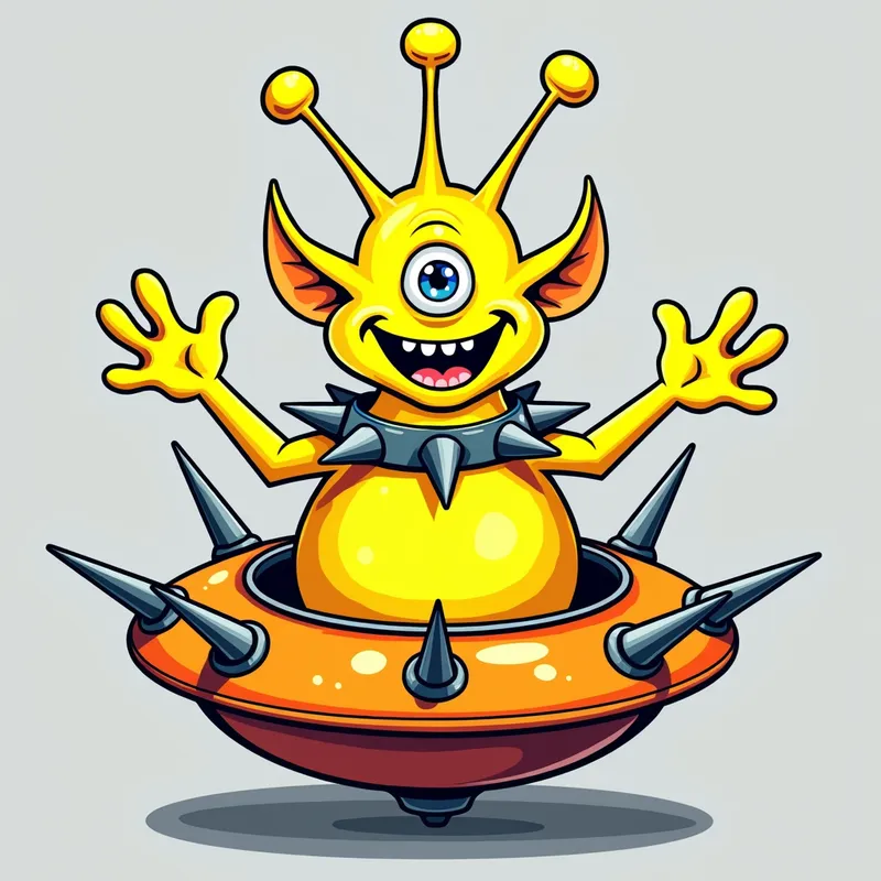 Cheerful Alien in Spiky Spaceship - Detailed line art illustration A cartoonish, fluorescent yellow alien creature, positioned centrally in the image. The creature has a bulbous, teardrop shape body, and one large, expressive eye in the middle of its forehead Three oddly shaped fleshy appendages stick straight out from the top of its headi. It is wearing a gothic collar with enormous metal spikes sticking out of it. The creature has a cheerful, grinning expression, with visible, cartoonish teeth. Its arms, also brightly coloured, are outstretched in a welcoming gesture. The creature is sitting in a brightly coloured spaceship with metal spikes sticking out from the sides. The background is a plain, light gray. The style is vibrant, playful, and exaggerated, with bold outlines and bright colors. The lighting is even, casting no significant shadows. The creature's pose is friendly and inviting. The overall impression is of a friendly, cartoon alien character. - AI image generated with Photorealistic 2