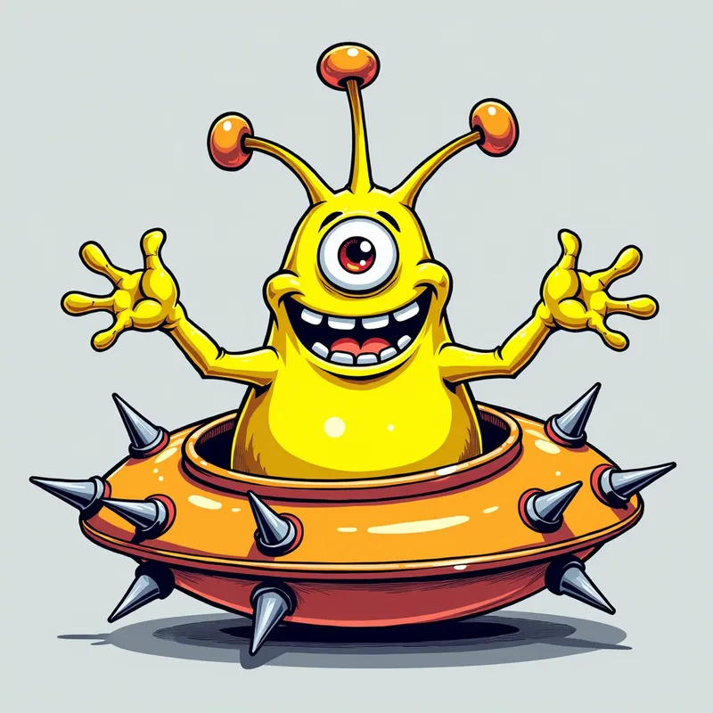 Cheerful Alien in Spiky Spaceship - Detailed line art illustration A cartoonish, fluorescent yellow alien creature, positioned centrally in the image. The creature has a bulbous, teardrop shape body, and one large, expressive eye in the middle of its forehead Three oddly shaped fleshy appendages stick straight out from the top of its headi. It is wearing a gothic collar with enormous metal spikes sticking out of it. The creature has a cheerful, grinning expression, with visible, cartoonish teeth. Its arms, also brightly coloured, are outstretched in a welcoming gesture. The creature is sitting in a brightly coloured spaceship with metal spikes sticking out from the sides. The background is a plain, light gray. The style is vibrant, playful, and exaggerated, with bold outlines and bright colors. The lighting is even, casting no significant shadows. The creature's pose is friendly and inviting. The overall impression is of a friendly, cartoon alien character. - AI image generated with Photorealistic 2
