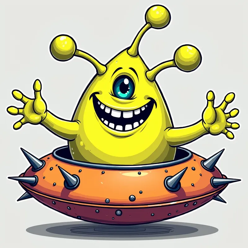 Cheerful Alien in Spiky Spaceship - Detailed line art illustration A cartoonish, fluorescent yellow alien creature, positioned centrally in the image. The creature has a bulbous, teardrop shape body, and one large, expressive eye in the middle of its forehead Three oddly shaped fleshy appendages stick straight out from the top of its headi. It is wearing a gothic collar with enormous metal spikes sticking out of it. The creature has a cheerful, grinning expression, with visible, cartoonish teeth.  Its arms, also brightly coloured, are outstretched in a welcoming gesture. The creature is sitting in a brightly coloured spaceship with metal spikes sticking out from the sides. The background is a plain, light gray. The style is vibrant, playful, and exaggerated, with bold outlines and bright colors. The lighting is even, casting no significant shadows. The creature's pose is friendly and inviting. The overall impression is of a friendly, cartoon alien character. - AI image generated with Photorealistic 2