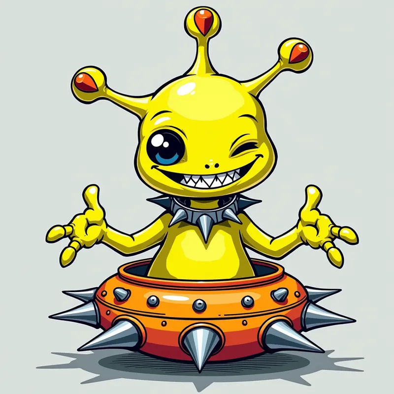 Cheerful Alien in Spiky Spaceship - Detailed line art illustration A cartoonish, fluorescent yellow alien creature, positioned centrally in the image. The creature has a bulbous, teardrop shape body, and one large, expressive eye in the middle of its forehead Three oddly shaped fleshy appendages stick straight out from the top of its headi. It is wearing a gothic collar with enormous metal spikes sticking out of it. The creature has a cheerful, grinning expression, with visible, cartoonish teeth. Its arms, also brightly coloured, are outstretched in a welcoming gesture. The creature is sitting in a brightly coloured spaceship with metal spikes sticking out from the sides. The background is a plain, light gray. The style is vibrant, playful, and exaggerated, with bold outlines and bright colors. The lighting is even, casting no significant shadows. The creature's pose is friendly and inviting. The overall impression is of a friendly, cartoon alien character. - AI image generated with Photorealistic 2