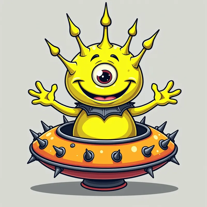 Cheerful Alien in Spiky Spaceship - Detailed line art illustration A cartoonish, fluorescent yellow alien creature, positioned centrally in the image. The creature has a bulbous, teardrop shape body, and one large, expressive eye in the middle of its forehead Three oddly shaped fleshy appendages stick straight out from the top of its headi. It is wearing a gothic collar with enormous metal spikes sticking out of it. The creature has a cheerful, grinning expression, with visible, cartoonish teeth. Its arms, also brightly coloured, are outstretched in a welcoming gesture. The creature is sitting in a brightly coloured spaceship with metal spikes sticking out from the sides. The background is a plain, light gray. The style is vibrant, playful, and exaggerated, with bold outlines and bright colors. The lighting is even, casting no significant shadows. The creature's pose is friendly and inviting. The overall impression is of a friendly, cartoon alien character. - AI image generated with Photorealistic 2