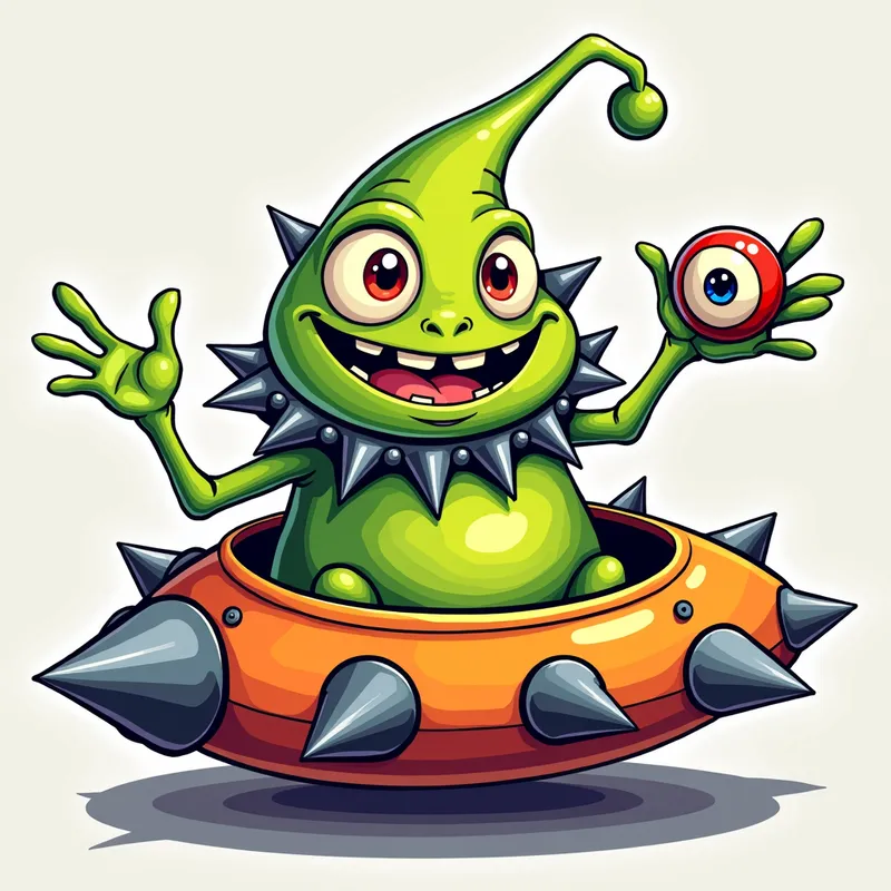 Cheerful Alien in Spiky Spaceship - Detailed line art illustration A cartoonish, brightly coloured alien creature, positioned centrally in the image. The creature has a bulbous, teardrop shape body, and three large, expressive eyes.  a hand extends from its head with a eyeball sitting in the palm. It is wearing a gothic collar with enormous metal spikes sticking out of it. The creature has a cheerful, grinning expression, with visible, cartoonish teeth.  Its arms, also brightly coloured, are outstretched in a welcoming gesture. The creature is sitting in a brightly coloured spaceship with metal spikes sticking out from the sides. The background is a plain, light gray. The style is vibrant, playful, and exaggerated, with bold outlines and bright colors. The lighting is even, casting no significant shadows. The creature's pose is friendly and inviting. The overall impression is of a friendly, cartoon alien character. - AI image generated with Photorealistic 2