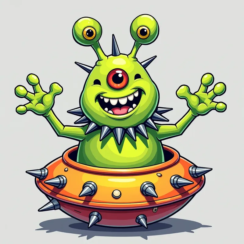 Cheerful Alien in Spiky Spaceship - /imagine prompt:Detailed line art illustration A cartoonish, bright green alien creature, positioned centrally in the image. The creature has a bulbous, teardrop shape body, and one large, expressive eye in the middle of its forehead Three oddly shaped fleshy appendages stick straight out from the top of its headi. It is wearing a gothic collar with enormous metal spikes sticking out of it. The creature has a cheerful, grinning expression, with visible, cartoonish teeth. Its arms, also brightly coloured, are outstretched in a welcoming gesture. The creature is sitting in a brightly coloured spaceship with metal spikes sticking out from the sides. The background is a plain, light gray. The style is vibrant, playful, and exaggerated, with bold outlines and bright colors. The lighting is even, casting no significant shadows. The creature's pose is friendly and inviting. The overall impression is of a friendly, cartoon alien character. - AI image generated with Photorealistic 2