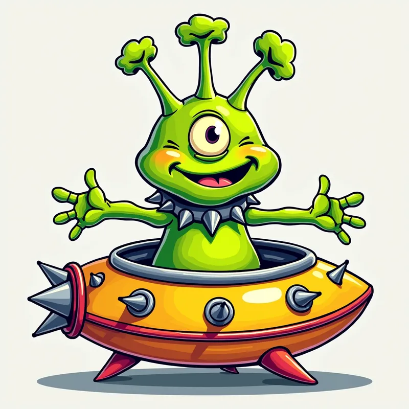 Cheerful Alien in Spiky Spaceship - /imagine prompt:Detailed line art illustration A cartoonish, bright green alien creature, positioned centrally in the image. The creature has a bulbous, teardrop shape body, and one large, expressive eye in the middle of its forehead Three oddly shaped fleshy appendages stick straight out from the top of its headi. It is wearing a gothic collar with enormous metal spikes sticking out of it. The creature has a cheerful, grinning expression, with visible, cartoonish teeth. Its arms, also brightly coloured, are outstretched in a welcoming gesture. The creature is sitting in a brightly coloured spaceship with metal spikes sticking out from the sides. The background is a plain, light gray. The style is vibrant, playful, and exaggerated, with bold outlines and bright colors. The lighting is even, casting no significant shadows. The creature's pose is friendly and inviting. The overall impression is of a friendly, cartoon alien character. - AI image generated with Photorealistic 2