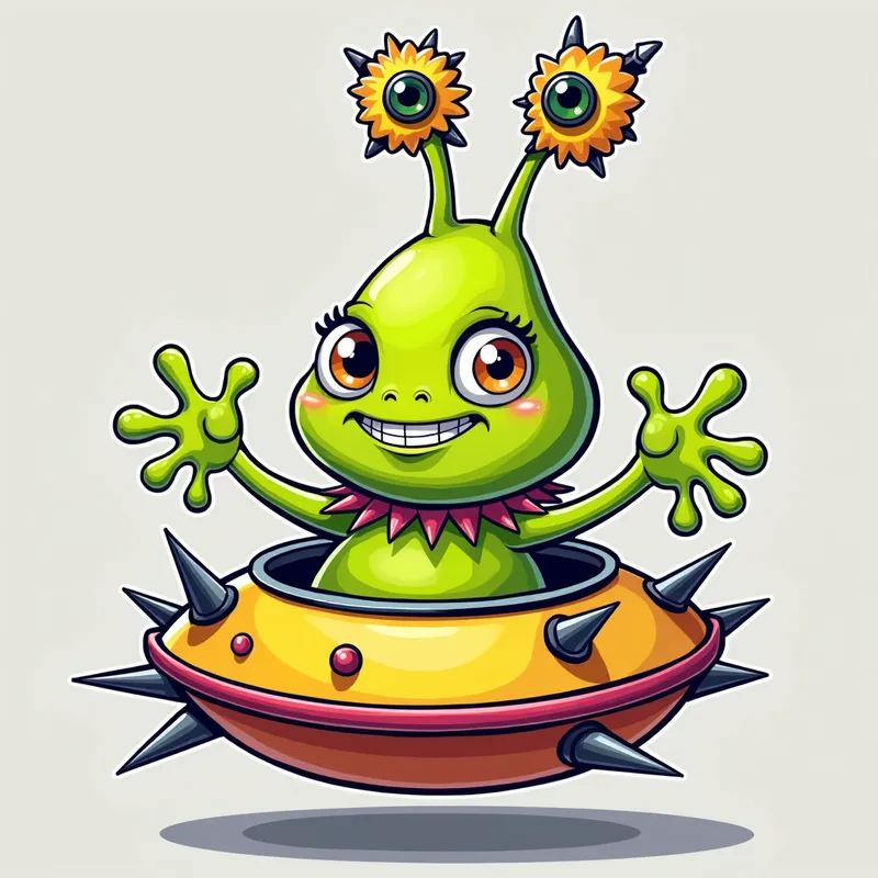 Cheerful Alien in Spiky Spaceship - /imagine prompt:Detailed line art illustration A cartoonish, bright green alien creature, positioned centrally in the image. The creature has a bulbous, teardrop shape body, and one large, expressive eye in the middle of its forehead Three oddly shaped fleshy appendages stick straight out from the top of its headi. It is wearing a gothic collar with enormous metal spikes sticking out of it. The creature has a cheerful, grinning expression, with visible, cartoonish teeth. Its arms, also brightly coloured, are outstretched in a welcoming gesture. The creature is sitting in a brightly coloured spaceship with metal spikes sticking out from the sides. The background is a plain, light gray. The style is vibrant, playful, and exaggerated, with bold outlines and bright colors. The lighting is even, casting no significant shadows. The creature's pose is friendly and inviting. The overall impression is of a friendly, cartoon alien character. - AI image generated with Photorealistic 2