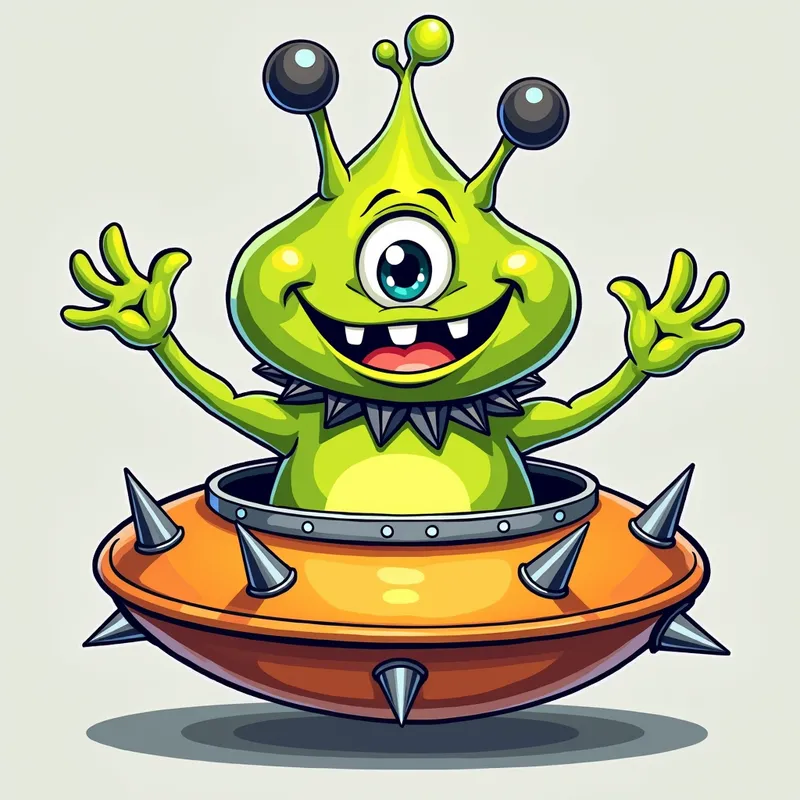 Cheerful Alien in Spiky Spaceship - /imagine prompt:Detailed line art illustration A cartoonish, bright green alien creature, positioned centrally in the image. The creature has a bulbous, teardrop shape body, and one large, expressive eye in the middle of its forehead Three oddly shaped fleshy appendages stick straight out from the top of its headi. It is wearing a gothic collar with enormous metal spikes sticking out of it. The creature has a cheerful, grinning expression, with visible, cartoonish teeth.  Its arms, also brightly coloured, are outstretched in a welcoming gesture. The creature is sitting in a brightly coloured spaceship with metal spikes sticking out from the sides. The background is a plain, light gray. The style is vibrant, playful, and exaggerated, with bold outlines and bright colors. The lighting is even, casting no significant shadows. The creature's pose is friendly and inviting. The overall impression is of a friendly, cartoon alien character. - AI image generated with Photorealistic 2