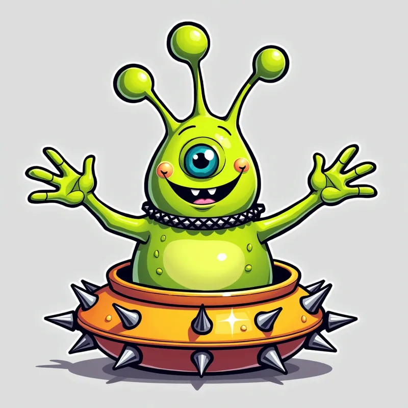 Cheerful Alien in Spiky Spaceship - /imagine prompt:Detailed line art illustration A cartoonish, bright green alien creature, positioned centrally in the image. The creature has a bulbous, teardrop shape body, and one large, expressive eye in the middle of its forehead Three oddly shaped fleshy appendages stick straight out from the top of its headi. It is wearing a gothic collar with enormous metal spikes sticking out of it. The creature has a cheerful, grinning expression, with visible, cartoonish teeth. Its arms, also brightly coloured, are outstretched in a welcoming gesture. The creature is sitting in a brightly coloured spaceship with metal spikes sticking out from the sides. The background is a plain, light gray. The style is vibrant, playful, and exaggerated, with bold outlines and bright colors. The lighting is even, casting no significant shadows. The creature's pose is friendly and inviting. The overall impression is of a friendly, cartoon alien character. - AI image generated with Photorealistic 2