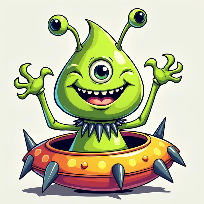 Cheerful Alien in Spiky Spaceship - /imagine prompt:Detailed line art illustration A cartoonish, bright green alien creature, positioned centrally in the image. The creature has a bulbous, teardrop shape body, and one large, expressive eye in the middle of its forehead Three oddly shaped fleshy appendages stick straight out from the top of its headi. It is wearing a gothic collar with enormous metal spikes sticking out of it. The creature has a cheerful, grinning expression, with visible, cartoonish teeth.  Its arms, also brightly coloured, are outstretched in a welcoming gesture. The creature is sitting in a brightly coloured spaceship with metal spikes sticking out from the sides. The background is a plain, light gray. The style is vibrant, playful, and exaggerated, with bold outlines and bright colors. The lighting is even, casting no significant shadows. The creature's pose is friendly and inviting. The overall impression is of a friendly, cartoon alien character. - AI image generated with Photorealistic 2