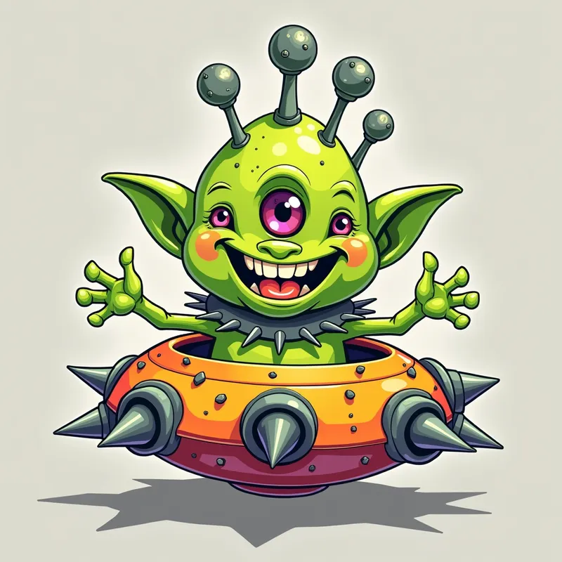 Cheerful Alien in Spiky Spaceship - /imagine prompt:Detailed line art illustration A cartoonish, bright green alien creature, positioned centrally in the image. The creature has a bulbous, teardrop shape body, and one large, expressive eye in the middle of its forehead Three oddly shaped fleshy appendages stick straight out from the top of its headi. It is wearing a gothic collar with enormous metal spikes sticking out of it. The creature has a cheerful, grinning expression, with visible, cartoonish teeth.  Its arms, also brightly coloured, are outstretched in a welcoming gesture. The creature is sitting in a brightly coloured spaceship with metal spikes sticking out from the sides. The background is a plain, light gray. The style is vibrant, playful, and exaggerated, with bold outlines and bright colors. The lighting is even, casting no significant shadows. The creature's pose is friendly and inviting. The overall impression is of a friendly, cartoon alien character. - AI image generated with Photorealistic 2
