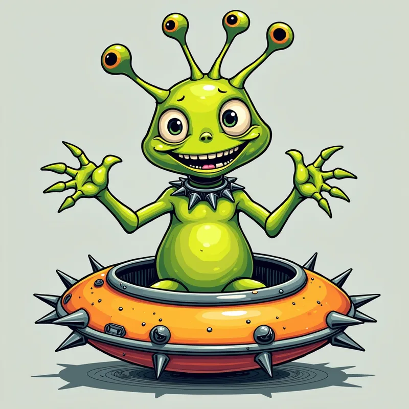 Cheerful Alien in Spiky Spaceship - /imagine prompt:Detailed line art illustration A cartoonish, bright green alien creature, positioned centrally in the image. The creature has a bulbous, teardrop shape body, and one large, expressive eye in the middle of its forehead Three oddly shaped fleshy appendages stick straight out from the top of its headi. It is wearing a gothic collar with enormous metal spikes sticking out of it. The creature has a cheerful, grinning expression, with visible, cartoonish teeth.  Its arms, also brightly coloured, are outstretched in a welcoming gesture. The creature is sitting in a brightly coloured spaceship with metal spikes sticking out from the sides. The background is a plain, light gray. The style is vibrant, playful, and exaggerated, with bold outlines and bright colors. The lighting is even, casting no significant shadows. The creature's pose is friendly and inviting. The overall impression is of a friendly, cartoon alien character. - AI image generated with Photorealistic 2