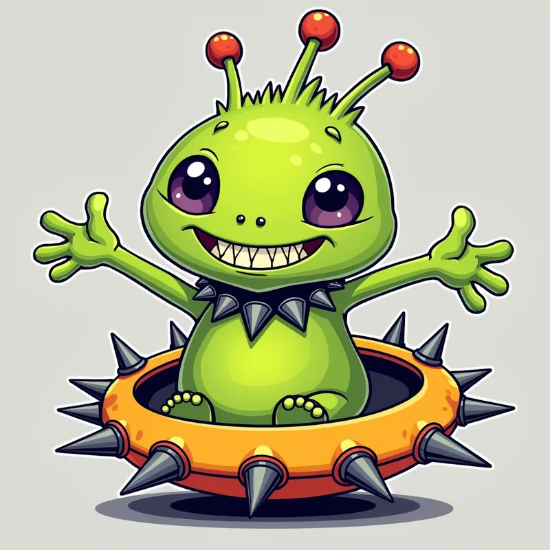 Cheerful Alien in Spiky Spaceship - /imagine prompt:Detailed line art illustration A cartoonish, bright green alien creature, positioned centrally in the image. The creature has a bulbous, teardrop shape body, and one large, expressive eye in the middle of its forehead Three oddly shaped fleshy appendages stick straight out from the top of its headi. It is wearing a gothic collar with enormous metal spikes sticking out of it. The creature has a cheerful, grinning expression, with visible, cartoonish teeth.  Its arms, also brightly coloured, are outstretched in a welcoming gesture. The creature is sitting in a brightly coloured spaceship with metal spikes sticking out from the sides. The background is a plain, light gray. The style is vibrant, playful, and exaggerated, with bold outlines and bright colors. The lighting is even, casting no significant shadows. The creature's pose is friendly and inviting. The overall impression is of a friendly, cartoon alien character. - AI image generated with Photorealistic 2