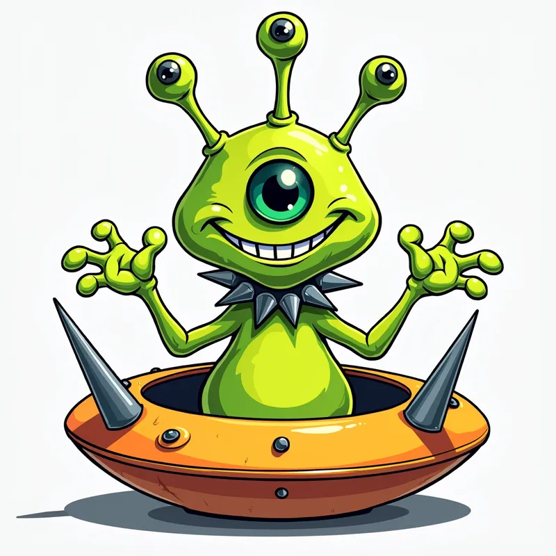 Cheerful Alien in Spiky Spaceship - /imagine prompt:Detailed line art illustration A cartoonish, bright green alien creature, positioned centrally in the image. The creature has a bulbous, teardrop shape body, and one large, expressive eye in the middle of its forehead Three oddly shaped fleshy appendages stick straight out from the top of its headi. It is wearing a gothic collar with enormous metal spikes sticking out of it. The creature has a cheerful, grinning expression, with visible, cartoonish teeth. Its arms, also brightly coloured, are outstretched in a welcoming gesture. The creature is sitting in a brightly coloured spaceship with metal spikes sticking out from the sides. The background is a plain, light gray. The style is vibrant, playful, and exaggerated, with bold outlines and bright colors. The lighting is even, casting no significant shadows. The creature's pose is friendly and inviting. The overall impression is of a friendly, cartoon alien character. - AI image generated with Photorealistic 2