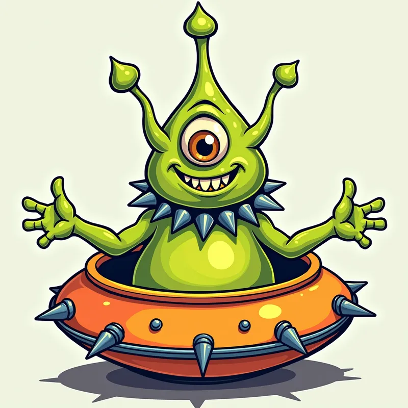 Cheerful Alien in Spiky Spaceship - /imagine prompt:Detailed line art illustration A cartoonish, bright green alien creature, positioned centrally in the image. The creature has a bulbous, teardrop shape body, and one large, expressive eye in the middle of its forehead Three oddly shaped fleshy appendages stick straight out from the top of its headi. It is wearing a gothic collar with enormous metal spikes sticking out of it. The creature has a cheerful, grinning expression, with visible, cartoonish teeth.  Its arms, also brightly coloured, are outstretched in a welcoming gesture. The creature is sitting in a brightly coloured spaceship with metal spikes sticking out from the sides. The background is a plain, light gray. The style is vibrant, playful, and exaggerated, with bold outlines and bright colors. The lighting is even, casting no significant shadows. The creature's pose is friendly and inviting. The overall impression is of a friendly, cartoon alien character. - AI image generated with Photorealistic 2