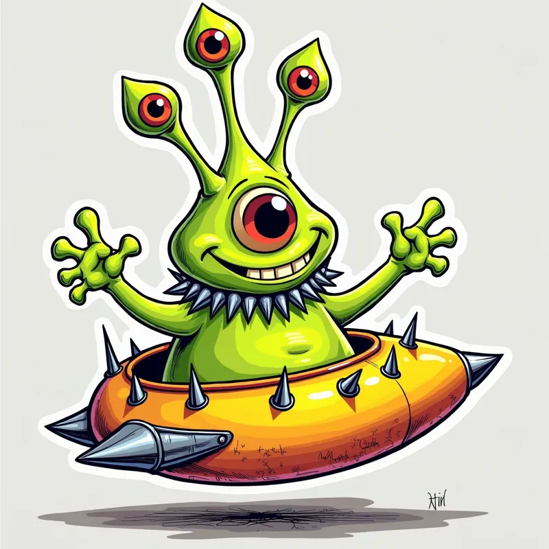 Cheerful Alien in Spiky Spaceship - /imagine prompt:Detailed line art illustration A cartoonish, bright green alien creature, positioned centrally in the image. The creature has a bulbous, teardrop shape body, and one large, expressive eye in the middle of its forehead Three oddly shaped fleshy appendages stick straight out from the top of its headi. It is wearing a gothic collar with enormous metal spikes sticking out of it. The creature has a cheerful, grinning expression, with visible, cartoonish teeth.  Its arms, also brightly coloured, are outstretched in a welcoming gesture. The creature is sitting in a brightly coloured spaceship with metal spikes sticking out from the sides. The background is a plain, light gray. The style is vibrant, playful, and exaggerated, with bold outlines and bright colors. The lighting is even, casting no significant shadows. The creature's pose is friendly and inviting. The overall impression is of a friendly, cartoon alien character. - AI image generated with Photorealistic 2