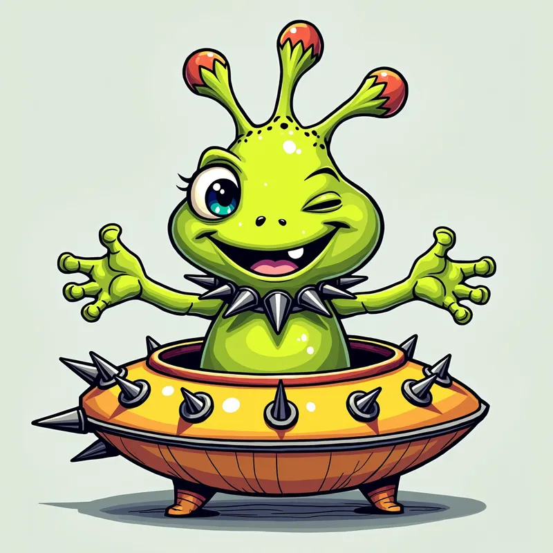 Cheerful Alien in Spiky Spaceship - /imagine prompt:Detailed line art illustration A cartoonish, bright green alien creature, positioned centrally in the image. The creature has a bulbous, teardrop shape body, and one large, expressive eye in the middle of its forehead Three oddly shaped fleshy appendages stick straight out from the top of its headi. It is wearing a gothic collar with enormous metal spikes sticking out of it. The creature has a cheerful, grinning expression, with visible, cartoonish teeth.  Its arms, also brightly coloured, are outstretched in a welcoming gesture. The creature is sitting in a brightly coloured spaceship with metal spikes sticking out from the sides. The background is a plain, light gray. The style is vibrant, playful, and exaggerated, with bold outlines and bright colors. The lighting is even, casting no significant shadows. The creature's pose is friendly and inviting. The overall impression is of a friendly, cartoon alien character. - AI image generated with Photorealistic 2