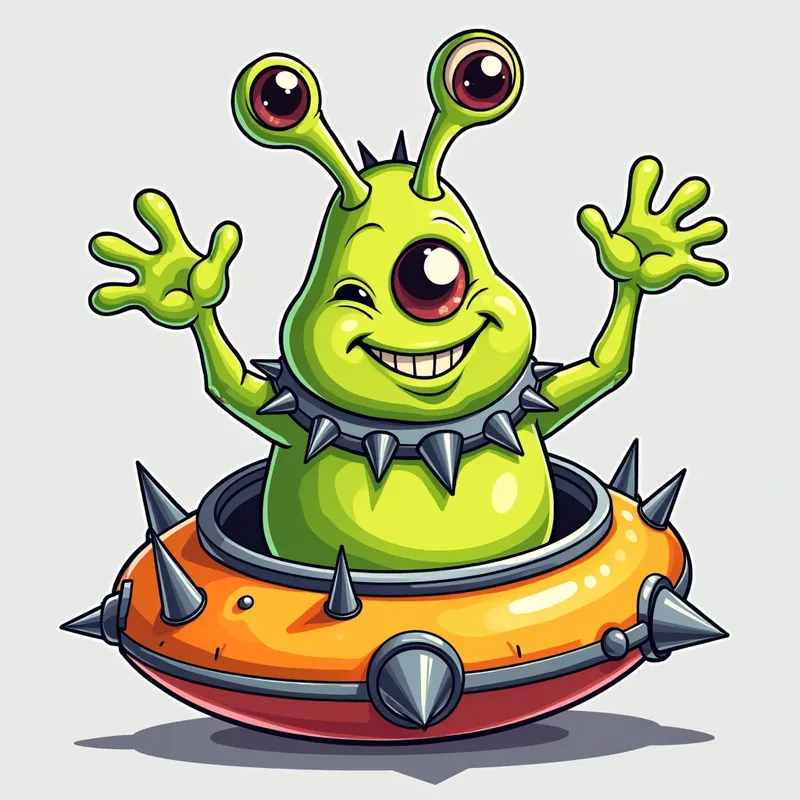 Cheerful Alien in Spiky Spaceship - /imagine prompt:Detailed line art illustration A cartoonish, bright green alien creature, positioned centrally in the image. The creature has a bulbous, teardrop shape body, and one large, expressive eye in the middle of its forehead Three oddly shaped fleshy appendages stick straight out from the top of its headi. It is wearing a gothic collar with enormous metal spikes sticking out of it. The creature has a cheerful, grinning expression, with visible, cartoonish teeth. Its arms, also brightly coloured, are outstretched in a welcoming gesture. The creature is sitting in a brightly coloured spaceship with metal spikes sticking out from the sides. The background is a plain, light gray. The style is vibrant, playful, and exaggerated, with bold outlines and bright colors. The lighting is even, casting no significant shadows. The creature's pose is friendly and inviting. The overall impression is of a friendly, cartoon alien character. - AI image generated with Photorealistic 2