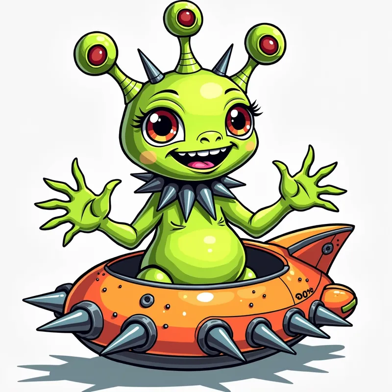 Cheerful Alien in Spiky Spaceship - /imagine prompt:Detailed line art illustration A cartoonish, bright green alien creature, positioned centrally in the image. The creature has a bulbous, teardrop shape body, and one large, expressive eye in the middle of its forehead Three oddly shaped fleshy appendages stick straight out from the top of its headi. It is wearing a gothic collar with enormous metal spikes sticking out of it. The creature has a cheerful, grinning expression, with visible, cartoonish teeth.  Its arms, also brightly coloured, are outstretched in a welcoming gesture. The creature is sitting in a brightly coloured spaceship with metal spikes sticking out from the sides. The background is a plain, light gray. The style is vibrant, playful, and exaggerated, with bold outlines and bright colors. The lighting is even, casting no significant shadows. The creature's pose is friendly and inviting. The overall impression is of a friendly, cartoon alien character. - AI image generated with Photorealistic 2