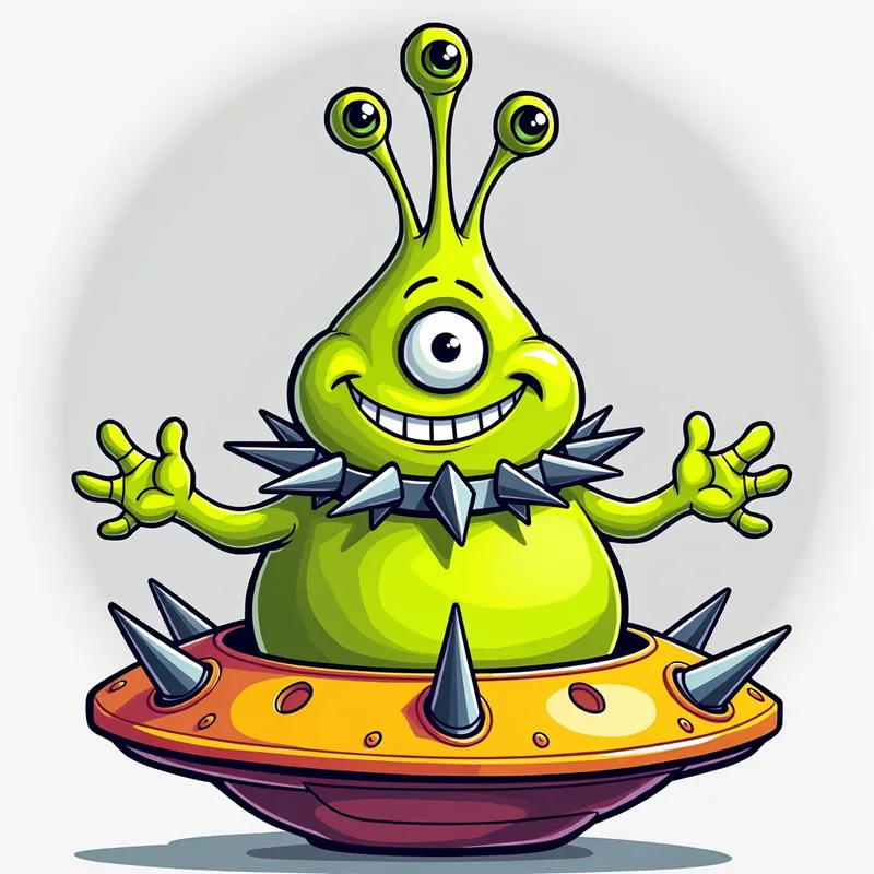 Cheerful Alien in Spiky Spaceship - /imagine prompt:Detailed line art illustration A cartoonish, bright green alien creature, positioned centrally in the image. The creature has a bulbous, teardrop shape body, and one large, expressive eye in the middle of its forehead Three oddly shaped fleshy appendages stick straight out from the top of its headi. It is wearing a gothic collar with enormous metal spikes sticking out of it. The creature has a cheerful, grinning expression, with visible, cartoonish teeth.  Its arms, also brightly coloured, are outstretched in a welcoming gesture. The creature is sitting in a brightly coloured spaceship with metal spikes sticking out from the sides. The background is a plain, light gray. The style is vibrant, playful, and exaggerated, with bold outlines and bright colors. The lighting is even, casting no significant shadows. The creature's pose is friendly and inviting. The overall impression is of a friendly, cartoon alien character. - AI image generated with Photorealistic 2
