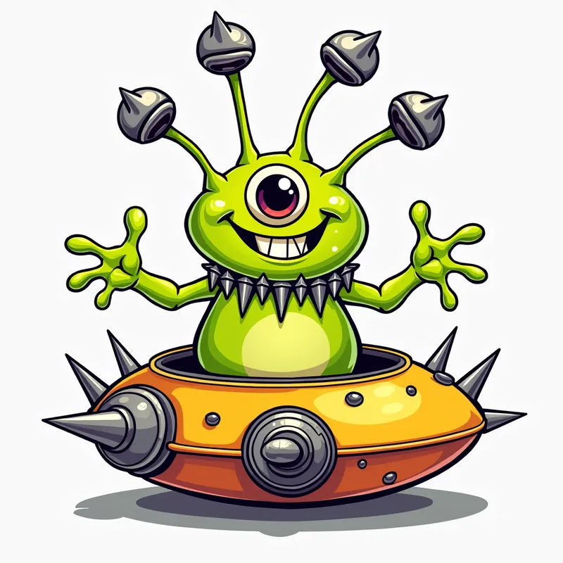 Cheerful Alien in Spiky Spaceship - /imagine prompt:Detailed line art illustration A cartoonish, bright green alien creature, positioned centrally in the image. The creature has a bulbous, teardrop shape body, and one large, expressive eye in the middle of its forehead Three oddly shaped fleshy appendages stick straight out from the top of its headi. It is wearing a gothic collar with enormous metal spikes sticking out of it. The creature has a cheerful, grinning expression, with visible, cartoonish teeth.  Its arms, also brightly coloured, are outstretched in a welcoming gesture. The creature is sitting in a brightly coloured spaceship with metal spikes sticking out from the sides. The background is a plain, light gray. The style is vibrant, playful, and exaggerated, with bold outlines and bright colors. The lighting is even, casting no significant shadows. The creature's pose is friendly and inviting. The overall impression is of a friendly, cartoon alien character. - AI image generated with Photorealistic 2