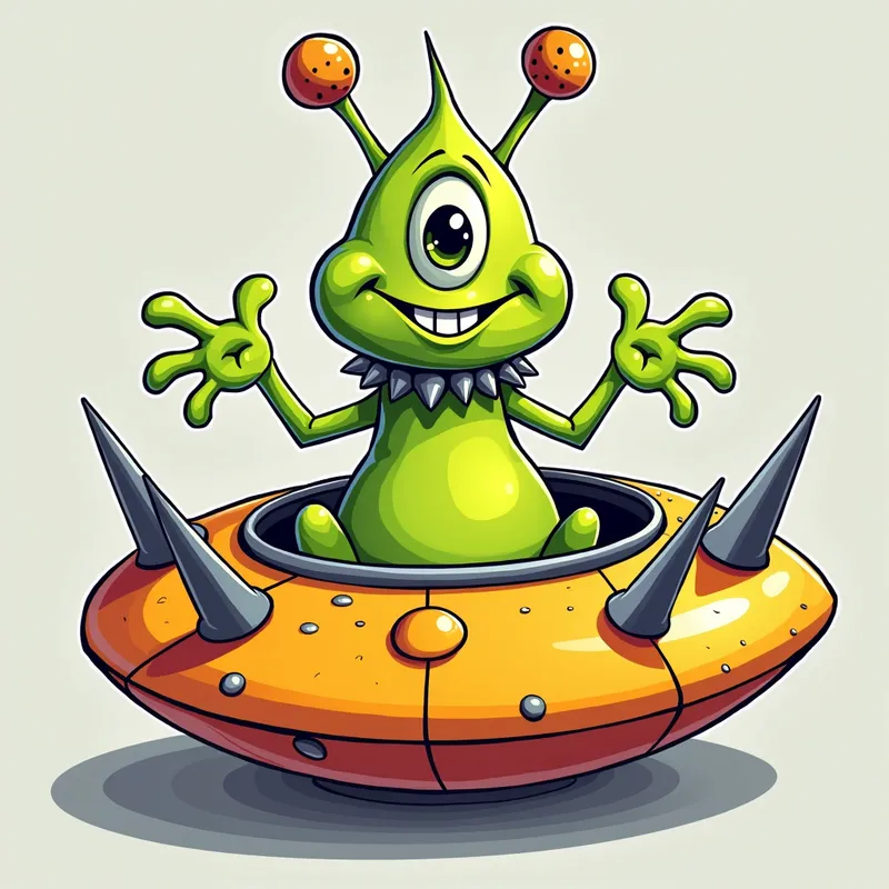 Cheerful Alien in Spiky Spaceship - /imagine prompt:Detailed line art illustration A cartoonish, bright green alien creature, positioned centrally in the image. The creature has a bulbous, teardrop shape body, and one large, expressive eye in the middle of its forehead Three oddly shaped fleshy appendages stick straight out from the top of its headi. It is wearing a gothic collar with enormous metal spikes sticking out of it. The creature has a cheerful, grinning expression, with visible, cartoonish teeth. Its arms, also brightly coloured, are outstretched in a welcoming gesture. The creature is sitting in a brightly coloured spaceship with metal spikes sticking out from the sides. The background is a plain, light gray. The style is vibrant, playful, and exaggerated, with bold outlines and bright colors. The lighting is even, casting no significant shadows. The creature's pose is friendly and inviting. The overall impression is of a friendly, cartoon alien character. - AI image generated with Photorealistic 2