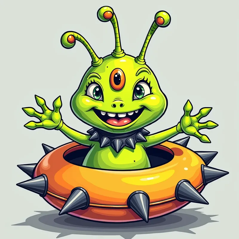 Cheerful Alien in Spiky Spaceship - /imagine prompt:Detailed line art illustration A cartoonish, bright green alien creature, positioned centrally in the image. The creature has a bulbous, teardrop shape body, and one large, expressive eye in the middle of its forehead Three oddly shaped fleshy appendages stick straight out from the top of its headi. It is wearing a gothic collar with enormous metal spikes sticking out of it. The creature has a cheerful, grinning expression, with visible, cartoonish teeth. Its arms, also brightly coloured, are outstretched in a welcoming gesture. The creature is sitting in a brightly coloured spaceship with metal spikes sticking out from the sides. The background is a plain, light gray. The style is vibrant, playful, and exaggerated, with bold outlines and bright colors. The lighting is even, casting no significant shadows. The creature's pose is friendly and inviting. The overall impression is of a friendly, cartoon alien character. - AI image generated with Photorealistic 2