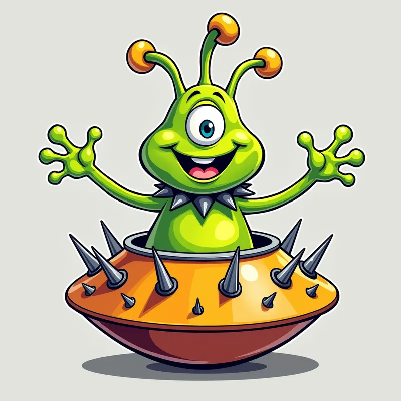 Cheerful Alien in Spiky Spaceship - /imagine prompt:Detailed line art illustration A cartoonish, bright green alien creature, positioned centrally in the image. The creature has a bulbous, teardrop shape body, and one large, expressive eye in the middle of its forehead Three oddly shaped fleshy appendages stick straight out from the top of its headi. It is wearing a gothic collar with enormous metal spikes sticking out of it. The creature has a cheerful, grinning expression, with visible, cartoonish teeth. Its arms, also brightly coloured, are outstretched in a welcoming gesture. The creature is sitting in a brightly coloured spaceship with metal spikes sticking out from the sides. The background is a plain, light gray. The style is vibrant, playful, and exaggerated, with bold outlines and bright colors. The lighting is even, casting no significant shadows. The creature's pose is friendly and inviting. The overall impression is of a friendly, cartoon alien character. - AI image generated with Photorealistic 2