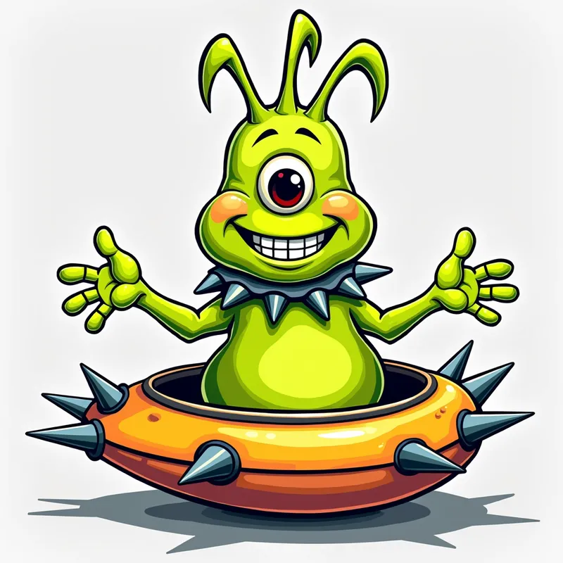 Cheerful Alien in Spiky Spaceship - /imagine prompt:Detailed line art illustration A cartoonish, bright green alien creature, positioned centrally in the image. The creature has a bulbous, teardrop shape body, and one large, expressive eye in the middle of its forehead Three oddly shaped fleshy appendages stick straight out from the top of its headi. It is wearing a gothic collar with enormous metal spikes sticking out of it. The creature has a cheerful, grinning expression, with visible, cartoonish teeth.  Its arms, also brightly coloured, are outstretched in a welcoming gesture. The creature is sitting in a brightly coloured spaceship with metal spikes sticking out from the sides. The background is a plain, light gray. The style is vibrant, playful, and exaggerated, with bold outlines and bright colors. The lighting is even, casting no significant shadows. The creature's pose is friendly and inviting. The overall impression is of a friendly, cartoon alien character. - AI image generated with Photorealistic 2