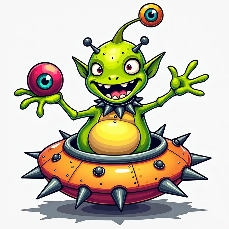 Cheerful Alien in Spiky Spaceship - Detailed line art illustration A cartoonish, brightly coloured alien creature, positioned centrally in the image. The creature has a bulbous, teardrop shape body, and three large, expressive eyes.  a hand extends from its head with a eyeball sitting in the palm. It is wearing a gothic collar with enormous metal spikes sticking out of it. The creature has a cheerful, grinning expression, with visible, cartoonish teeth.  Its arms, also brightly coloured, are outstretched in a welcoming gesture. The creature is sitting in a brightly coloured spaceship with metal spikes sticking out from the sides. The background is a plain, light gray. The style is vibrant, playful, and exaggerated, with bold outlines and bright colors. The lighting is even, casting no significant shadows. The creature's pose is friendly and inviting. The overall impression is of a friendly, cartoon alien character. - AI image generated with Photorealistic 2