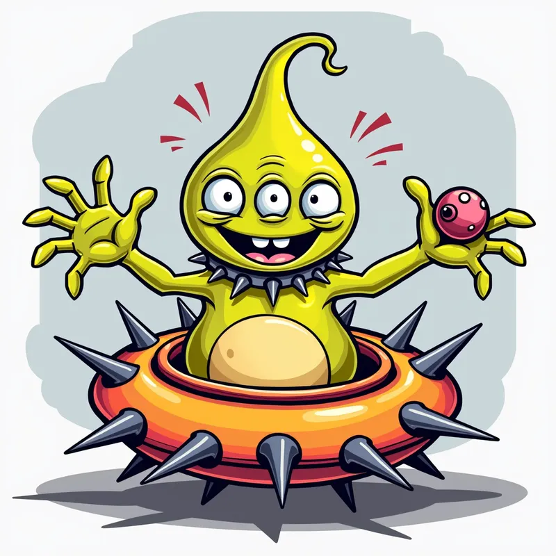 Cheerful Alien in Spiky Spaceship - Detailed line art illustration A cartoonish, brightly coloured alien creature, positioned centrally in the image. The creature has a bulbous, teardrop shape body, and three large, expressive eyes.  a hand extends from its head with a eyeball sitting in the palm. It is wearing a gothic collar with enormous metal spikes sticking out of it. The creature has a cheerful, grinning expression, with visible, cartoonish teeth.  Its arms, also brightly coloured, are outstretched in a welcoming gesture. The creature is sitting in a brightly coloured spaceship with metal spikes sticking out from the sides. The background is a plain, light gray. The style is vibrant, playful, and exaggerated, with bold outlines and bright colors. The lighting is even, casting no significant shadows. The creature's pose is friendly and inviting. The overall impression is of a friendly, cartoon alien character. - AI image generated with Photorealistic 2
