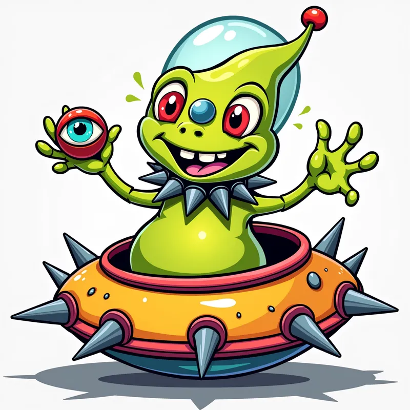 Cheerful Alien in Spiky Spaceship - Detailed line art illustration A cartoonish, brightly coloured alien creature, positioned centrally in the image. The creature has a bulbous, teardrop shape body, and three large, expressive eyes. a hand extends from its head with a eyeball sitting in the palm. It is wearing a gothic collar with enormous metal spikes sticking out of it. The creature has a cheerful, grinning expression, with visible, cartoonish teeth. Its arms, also brightly coloured, are outstretched in a welcoming gesture. The creature is sitting in a brightly coloured spaceship with metal spikes sticking out from the sides. The background is a plain, light gray. The style is vibrant, playful, and exaggerated, with bold outlines and bright colors. The lighting is even, casting no significant shadows. The creature's pose is friendly and inviting. The overall impression is of a friendly, cartoon alien character. - AI image generated with Photorealistic 2