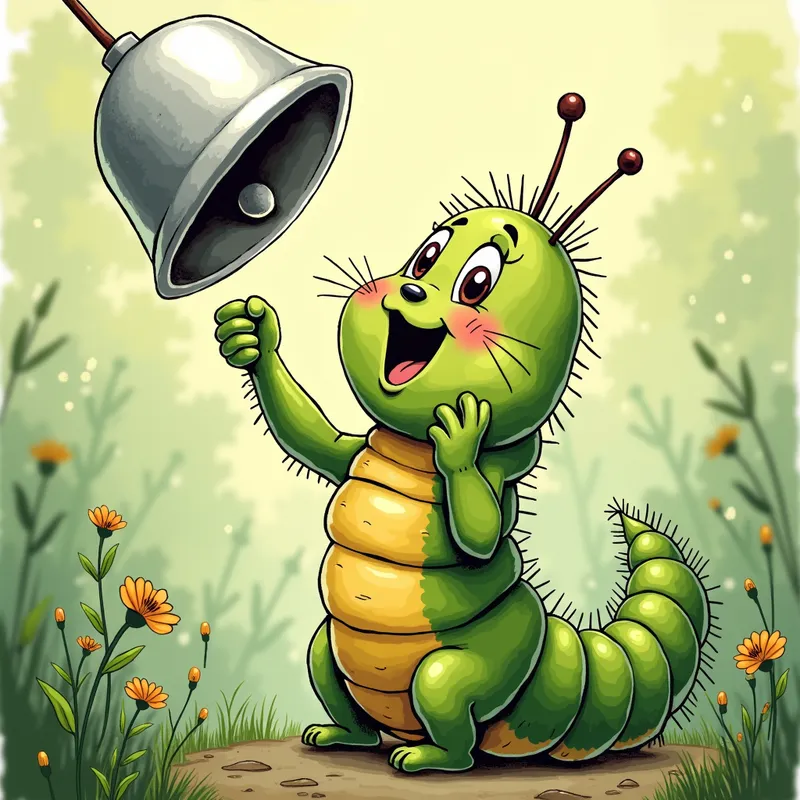 Cheerful Caterpillar Rings Silver Bell - An adorable, endearing, and excited female caterpillar ringing a big, delicate silver bell, with a backdrop of lush greenery and morning dew. - AI image generated with Photorealistic 2 - cartoony, doodle, alcohol ink