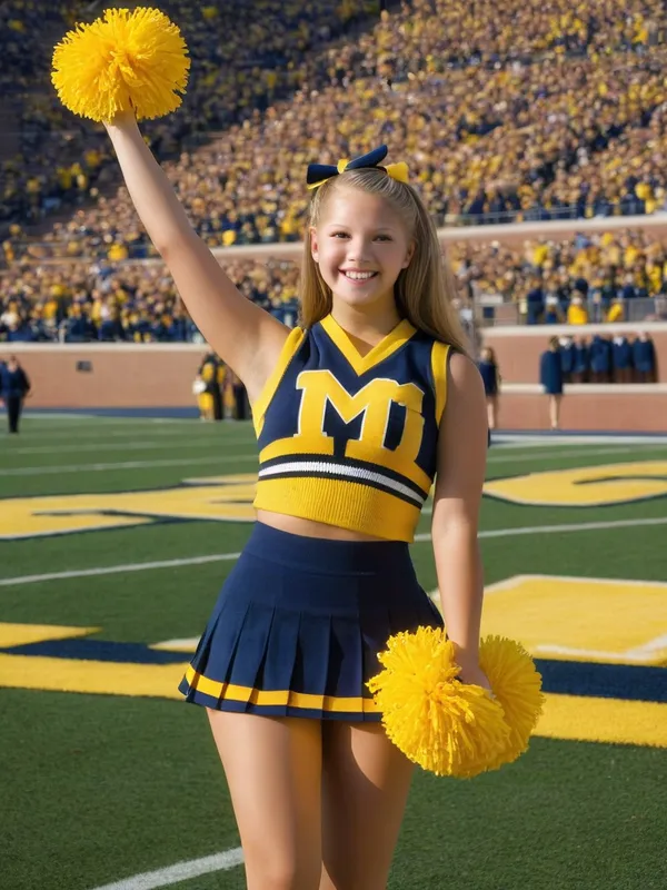 Cheerful Daydream - A young female high school cheerleader imagines herself as a University of Michigan cheerleader, standing proud at Michigan Stadium on a beautiful autumn afternoon. She is dressed in a traditional University of Michigan cheerleader uniform with a sleeveless knitted top displaying a big block 'M', a satin miniskirt, sheer tan pantyhose, and 5 inch black high heels. She holds her pompoms high and confidently smiles wearing red lipstick, long dangling earrings, and her jet black hair styled in a ponytail. - AI image generated with Photorealistic