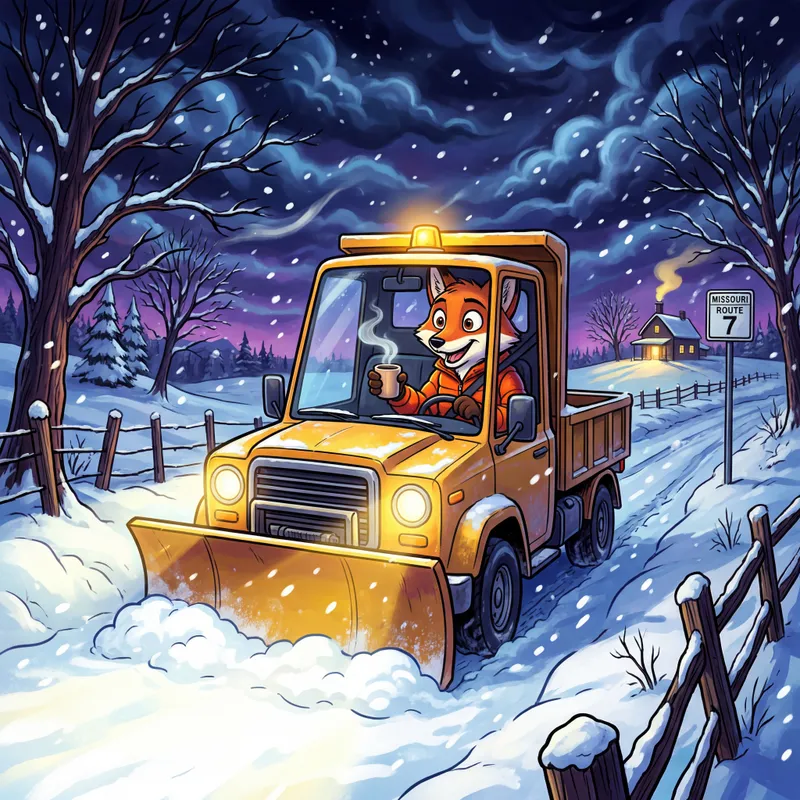 Cheerful Fox Plow Driver - A big eyed, cartoonish fox with a bubbly personality, driving a plow truck down a snow-covered rural Missouri road. The sky is stormy with heavy snowfall, and the wind is blowing fiercely. The fox is wearing a warm jacket, smiling widely, and holding a large steaming mug of coffee in one paw while steering with the other. The foot-deep snow piles up on either side of the freshly cleared path. The mood is joyful and lively, despite the bitterly cold, wintry setting. - AI image generated with 4K Pro - vivid colors, night lighting, cartoony