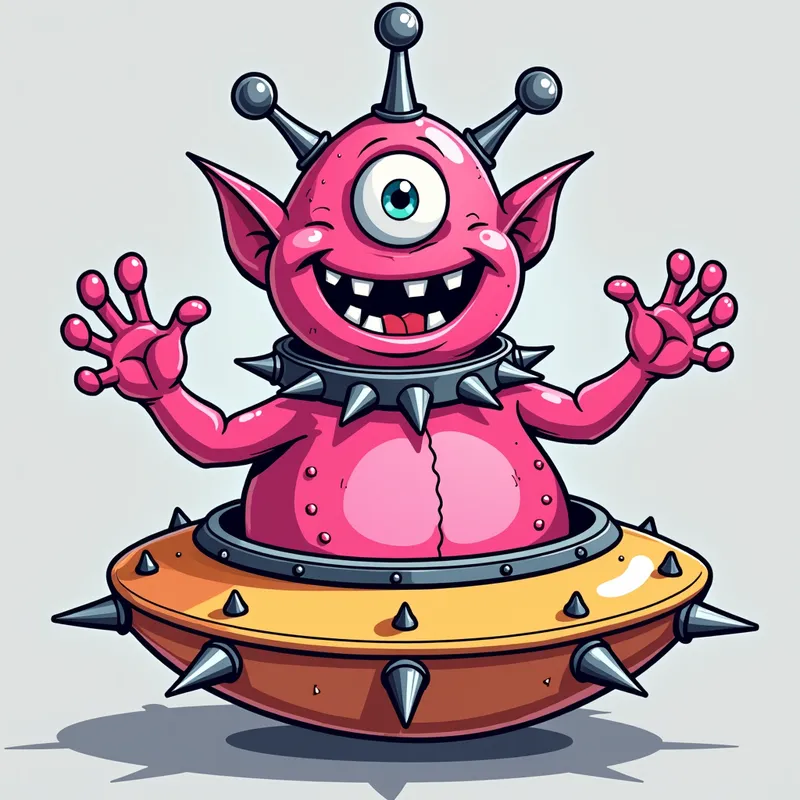 Cheerful Pink Alien in Spiky Spaceship - Detailed line art illustration A cartoonish, fluorescent pink alien creature, positioned centrally in the image. The creature has a bulbous, teardrop shape body, and one large, expressive eye in the middle of its forehead Three oddly shaped fleshy appendages stick straight out from the top of its headi. It is wearing a gothic collar with enormous metal spikes sticking out of it. The creature has a cheerful, grinning expression, with visible, cartoonish teeth. Its arms, also brightly coloured, are outstretched in a welcoming gesture. The creature is sitting in a brightly coloured spaceship with metal spikes sticking out from the sides. The background is a plain, light gray. The style is vibrant, playful, and exaggerated, with bold outlines and bright colors. The lighting is even, casting no significant shadows. The creature's pose is friendly and inviting. The overall impression is of a friendly, cartoon alien character. - AI image generated with Photorealistic 2