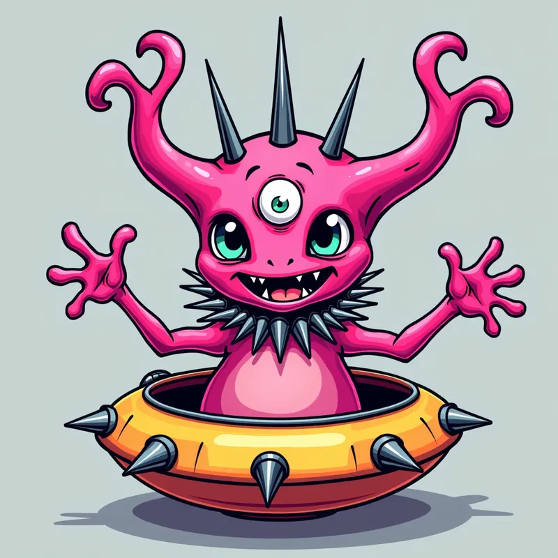 Cheerful Pink Alien in Spiky Spaceship - Detailed line art illustration A cartoonish, fluorescent pink alien creature, positioned centrally in the image. The creature has a bulbous, teardrop shape body, and one large, expressive eye in the middle of its forehead Three oddly shaped fleshy appendages stick straight out from the top of its headi. It is wearing a gothic collar with enormous metal spikes sticking out of it. The creature has a cheerful, grinning expression, with visible, cartoonish teeth. Its arms, also brightly coloured, are outstretched in a welcoming gesture. The creature is sitting in a brightly coloured spaceship with metal spikes sticking out from the sides. The background is a plain, light gray. The style is vibrant, playful, and exaggerated, with bold outlines and bright colors. The lighting is even, casting no significant shadows. The creature's pose is friendly and inviting. The overall impression is of a friendly, cartoon alien character. - AI image generated with Photorealistic 2