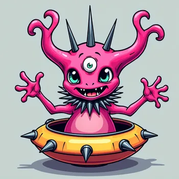 Cheerful Pink Alien in Spiky Spaceship